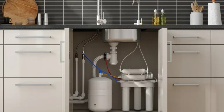Совершенно новая система фильтрации раковины установлена на современной кухне