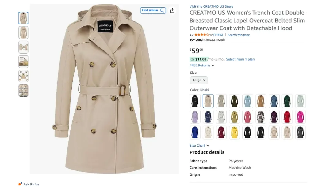 CREATMO US Damen Trenchcoat Zweireihiger Klassischer Reversmantel