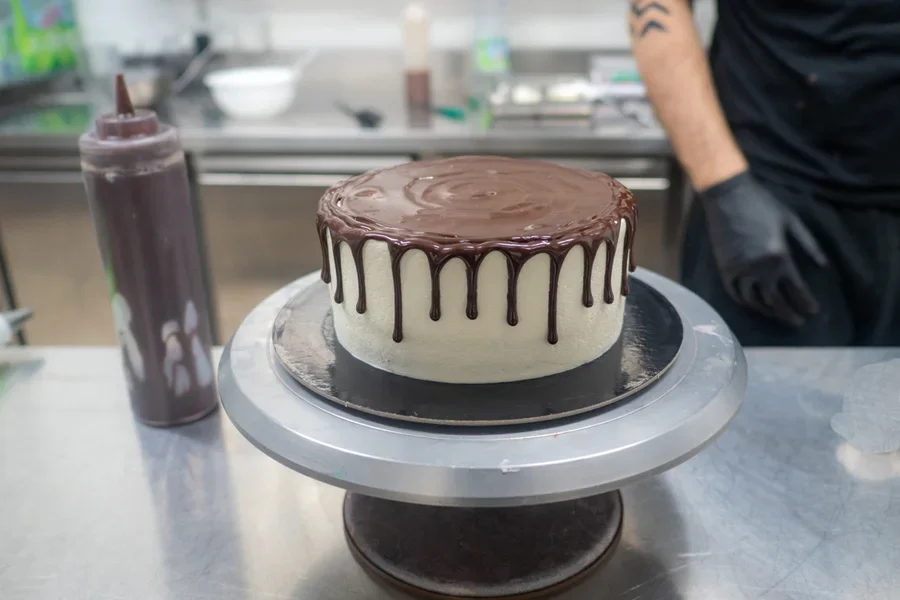Cake on a rotating display stand