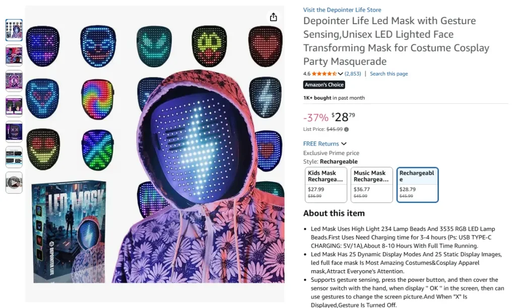 Máscara LED Depointer Life con detección de gestos