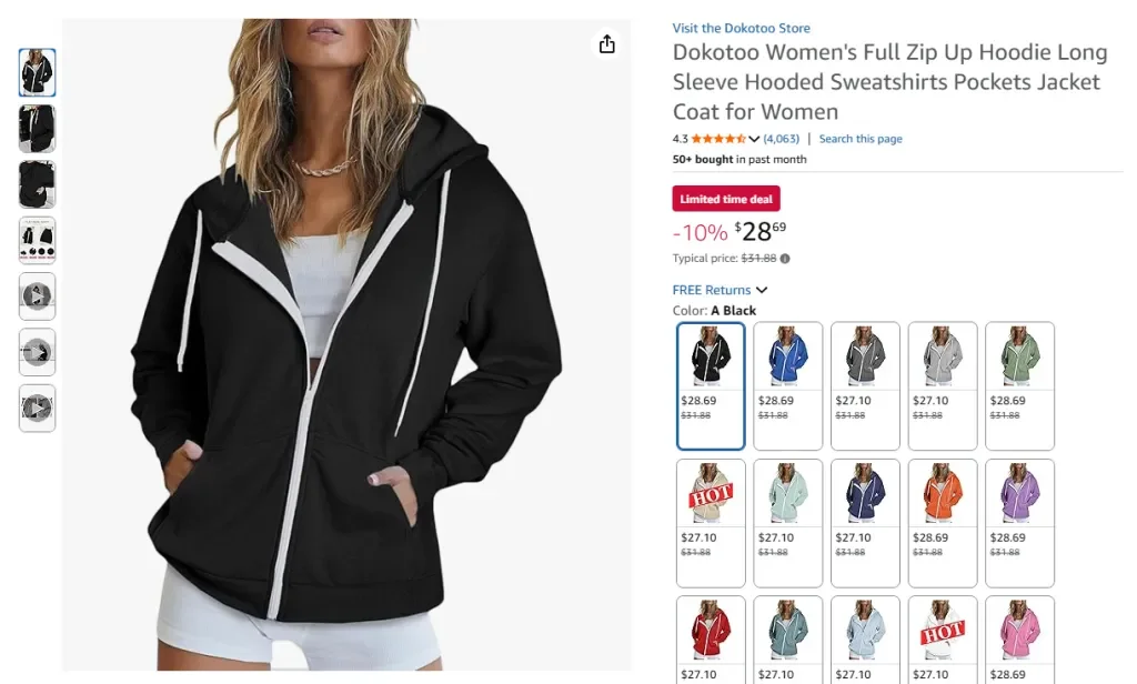 Sudadera con capucha y cremallera completa de manga larga para mujer Dokotoo