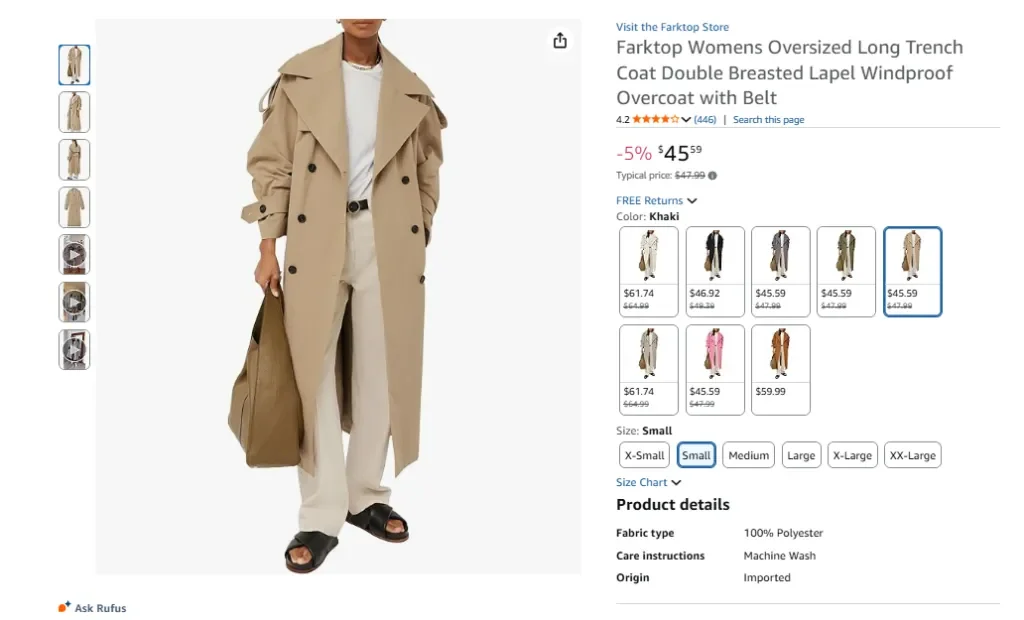 Farktop Damen-Trenchcoat, übergroß, lang, zweireihig, Revers