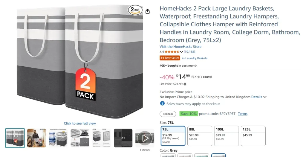 HomeHacks 2 Pack Large Laundry Baskets, Waterproof and Collapsible