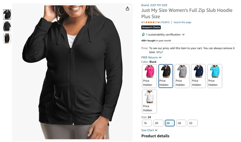 Sudadera con capucha y cremallera completa para mujer Just My Size