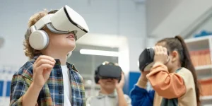 Kids using VR headsets in a white room