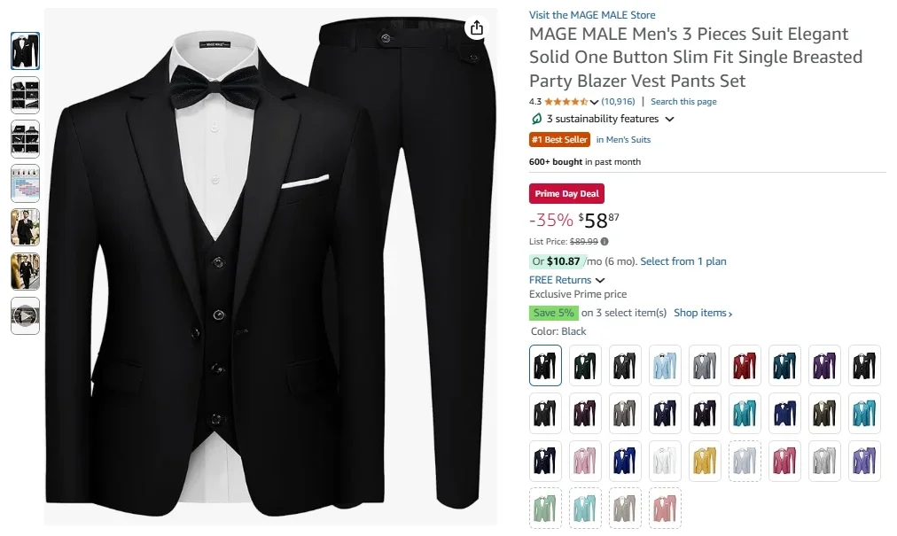 MAGE MALE Men's 3 Pieces Suit Elegant Solid One Button Slim Fit Single Breasted Party Blazer Vest Pants Set