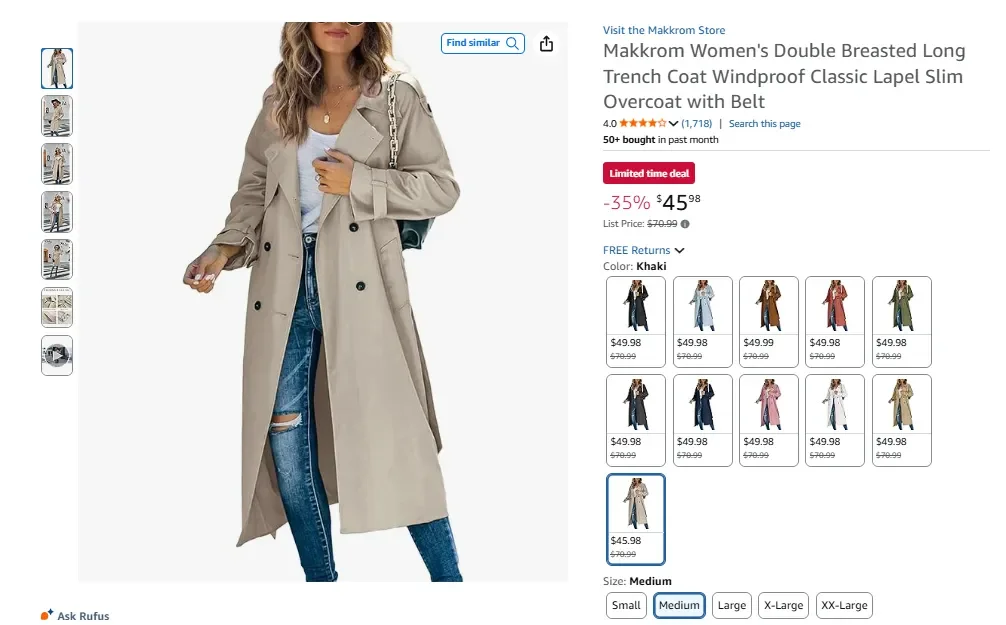 Makkrom Damen-Trenchcoat, zweireihig, lang