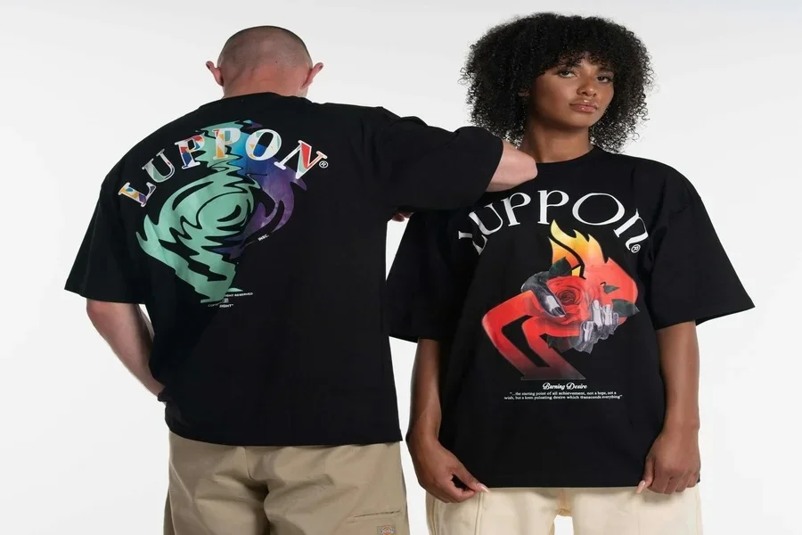 Man and woman wearing custom t-shirts with pictures