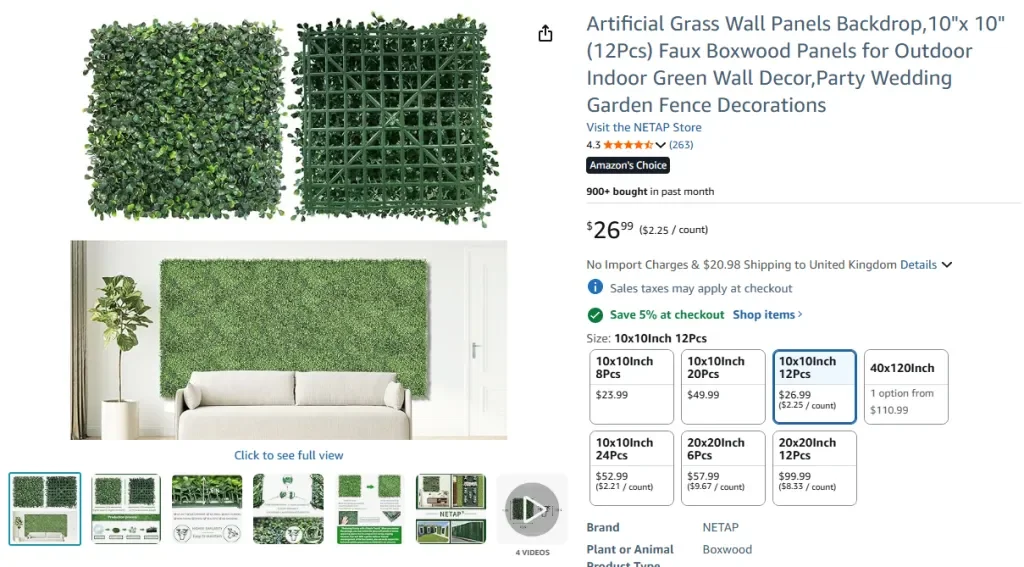 Paneles de pared de césped artificial NETAP (10 x 10, 12 piezas)