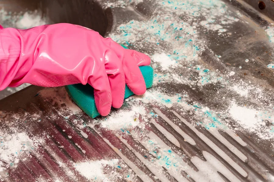Une personne frotte le côté de l'évier avec un nettoyant en poudre puissant
