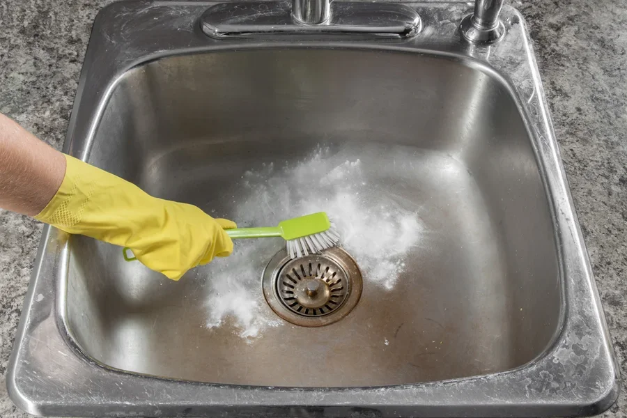 Personne utilisant une pâte nettoyante et une brosse à récurer dans l'évier