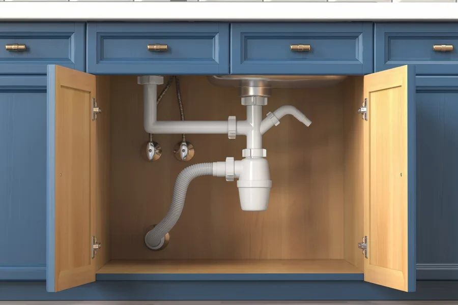 Plastic sink filter installed under the sink in kitchen