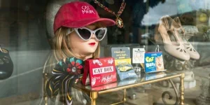 Quirky Shopping Display with Cat-Themed Accessories