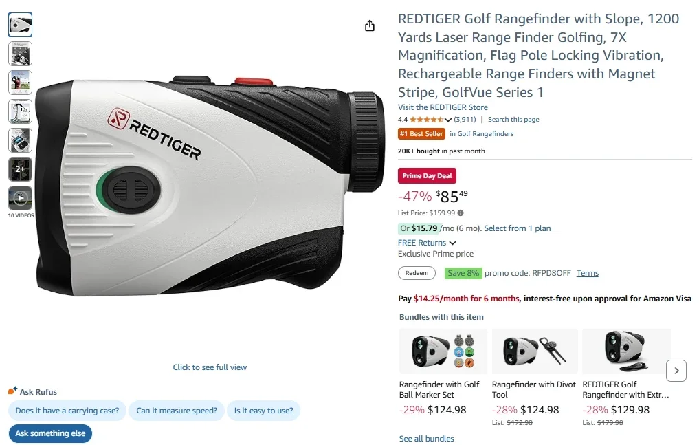 Telémetro de golf REDTIGER con inclinación, 1200 yardas, aumento de 7X