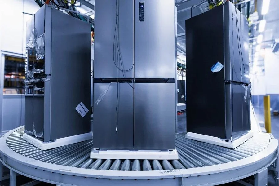 Refrigerators on a white protective fridge stand