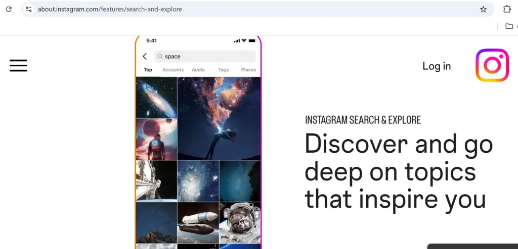 Capture d'écran de la page d'exploration et de recherche d'Instagram