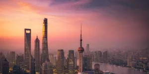 Shanghai Lujiazui financial district landscape aerial view at sunrise