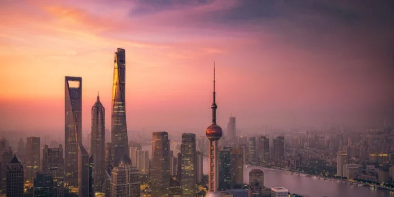 Shanghai Lujiazui financial district landscape aerial view at sunrise