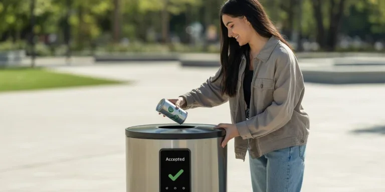 Smiling woman throwing a can into a smart bin