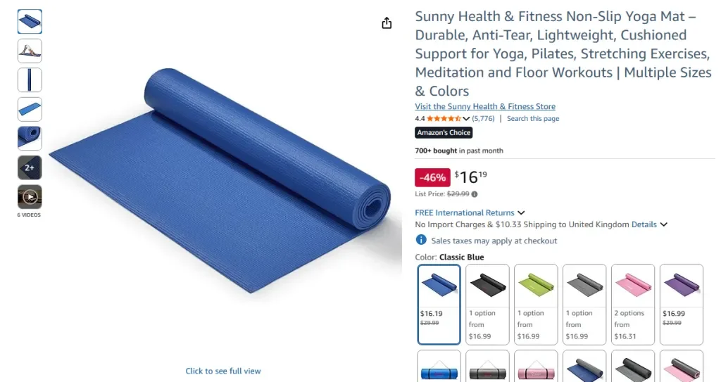 Sunny Health & Fitness Non-Slip Yoga Mat – Classic Blue