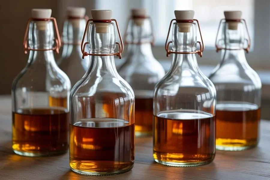 Botellas de vidrio con tapa abatible con un líquido marrón