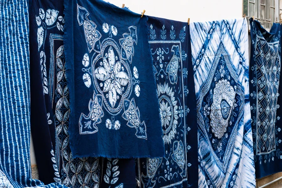 Traditional white and blue tie-dye fabrics of Bai ethnic minority in Zhoucheng Village Dali Yunnan Chinaa
