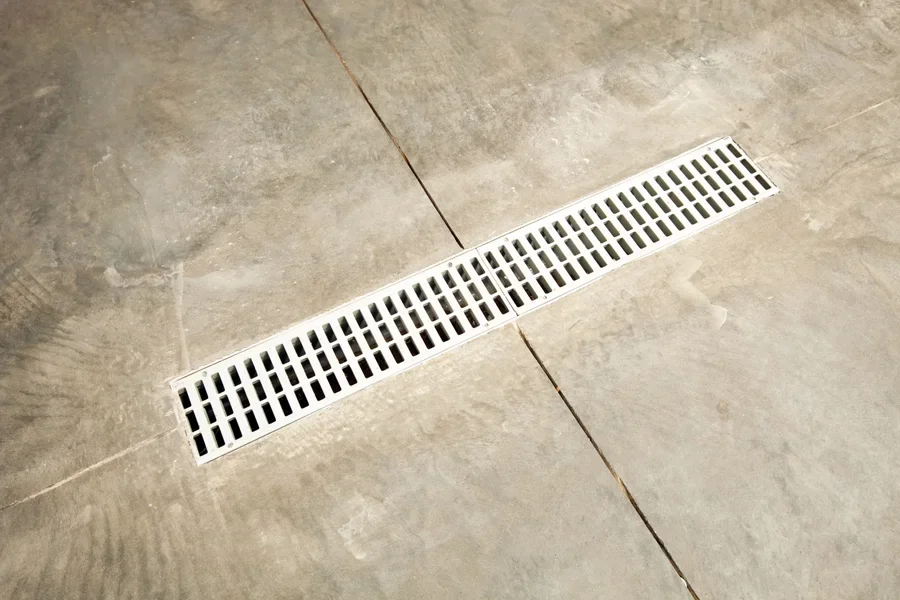 Up-close view of a garage floor drain