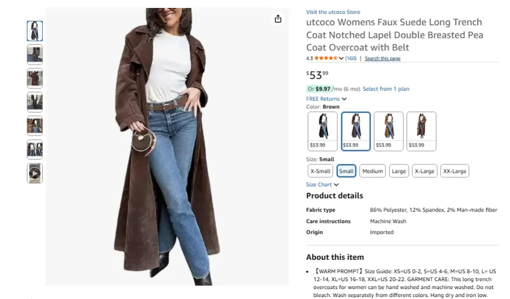 Utcoco Damen-Trenchcoat aus Wildlederimitat, lang, mit Revers