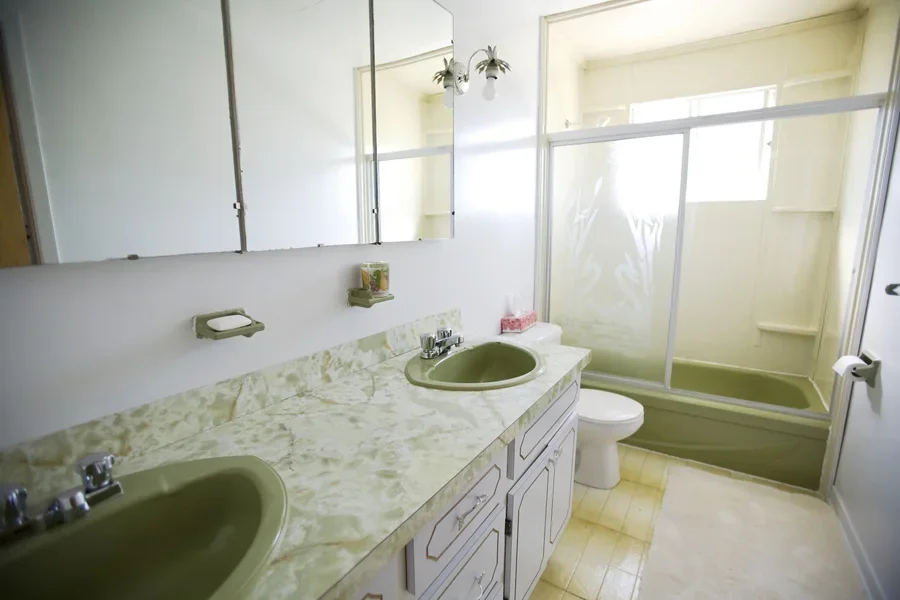 Vintage washbasins on a floral counter
