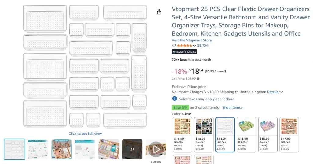 Vtopmart 25 PCS Clear Plastic Drawer Organizers Set