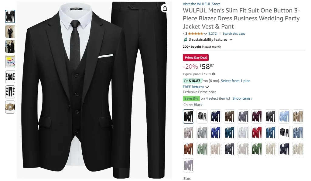 WULFUL Men's Slim Fit Suit One Button 3-Piece Blazer Dress Business Wedding Party Jacket Vest & Pant