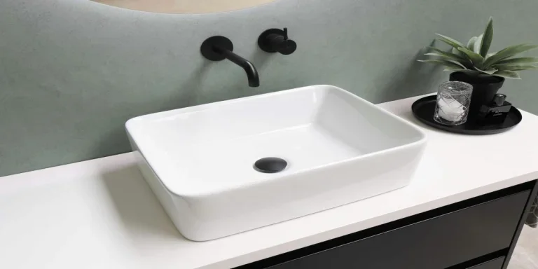 White rectangular washbasin on a countertop