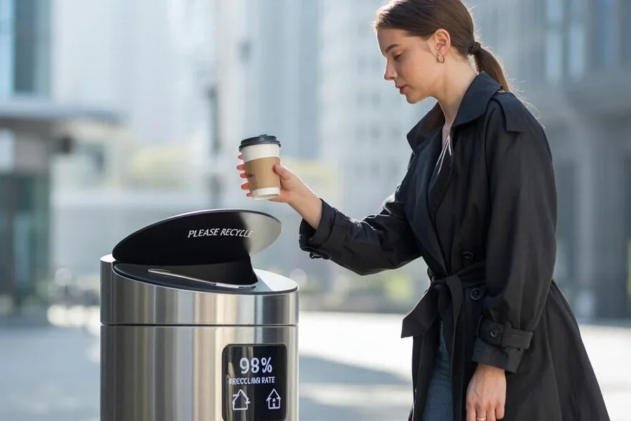 Woman throwing a disposable coffee cup in a smart bin