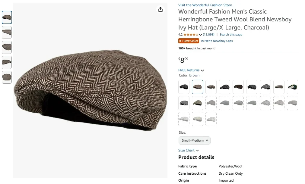 Magnifique chapeau gavroche classique en tweed à chevrons et laine mélangée pour homme