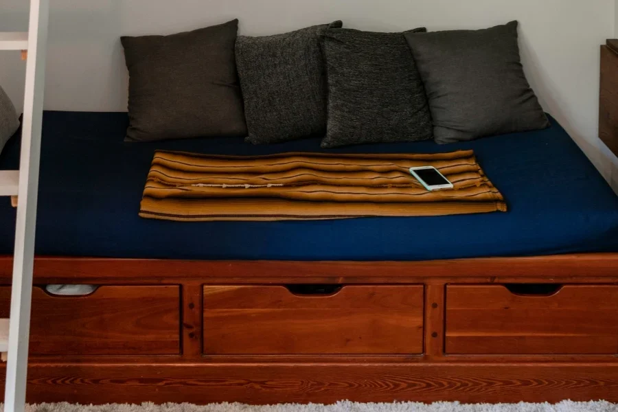Wooden bed frame with built-in drawers