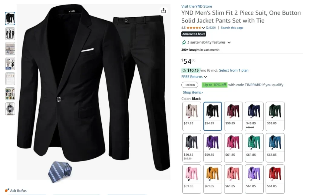 YND Men's Slim Fit 2 Piece Suit, One Button Solid Jacket Pants Set with Tie