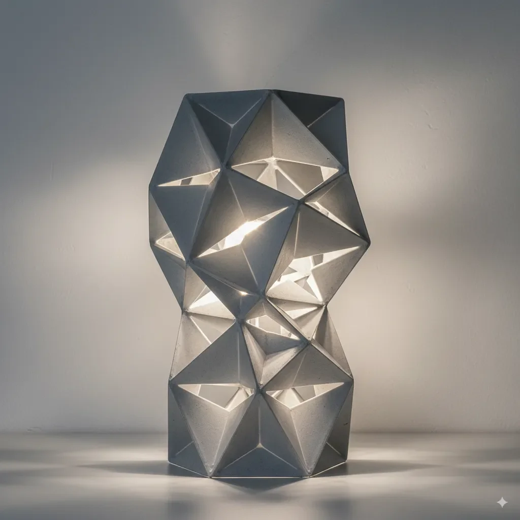 a modern, sculptural table lamp. The lamp's base is a series of interconnected, 3D-printed triangles made from a matte gray resin, creating a futuristic and grid-like structure. The lamp's light source is a soft, diffused glow that casts intricate geometric shadows on a pale gray wall behind it.