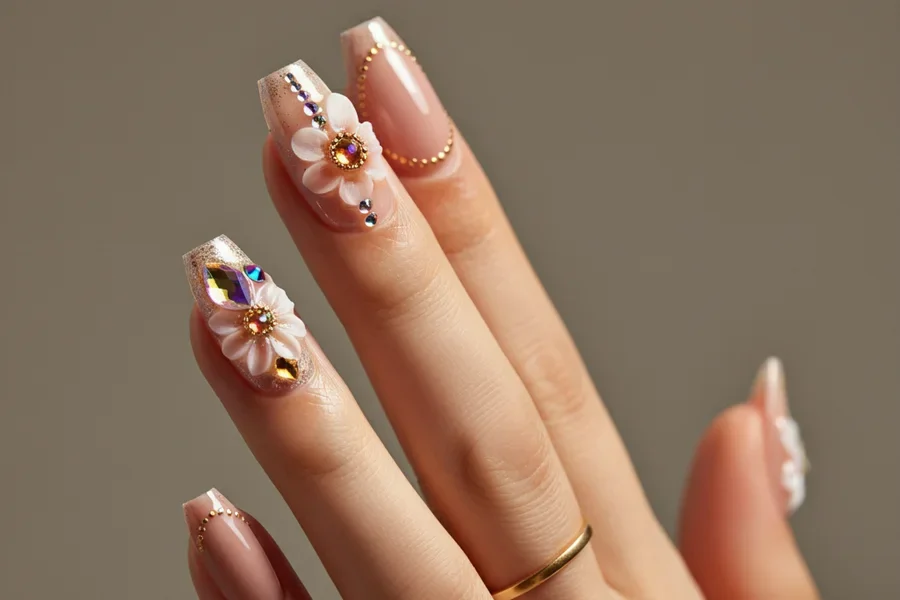 Primer plano de una mano con un intrincado diseño de uñas en 3D con gemas, perlas y diseños florales.