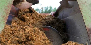 A horizontal paddle mixer for animal feed with three shafts and feed being mixed