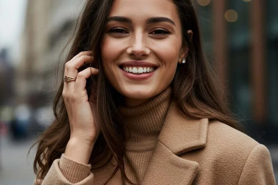 Una mujer que lleva un cuello alto y sonríe a la cámara.