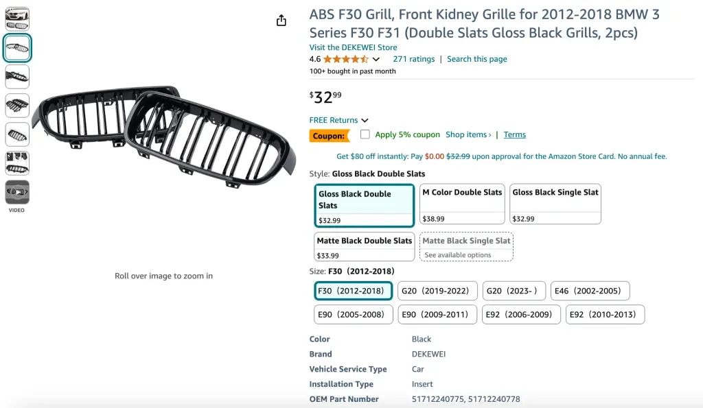 ABS F30 Grill, Frontnierengrill für 2012-2018 BMW