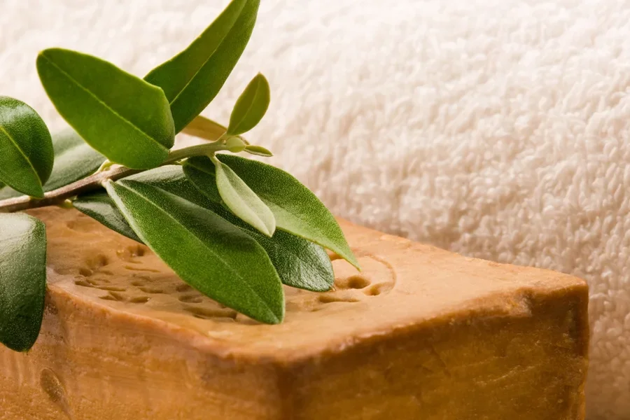 Алеппское мыло на фоне стебля листа