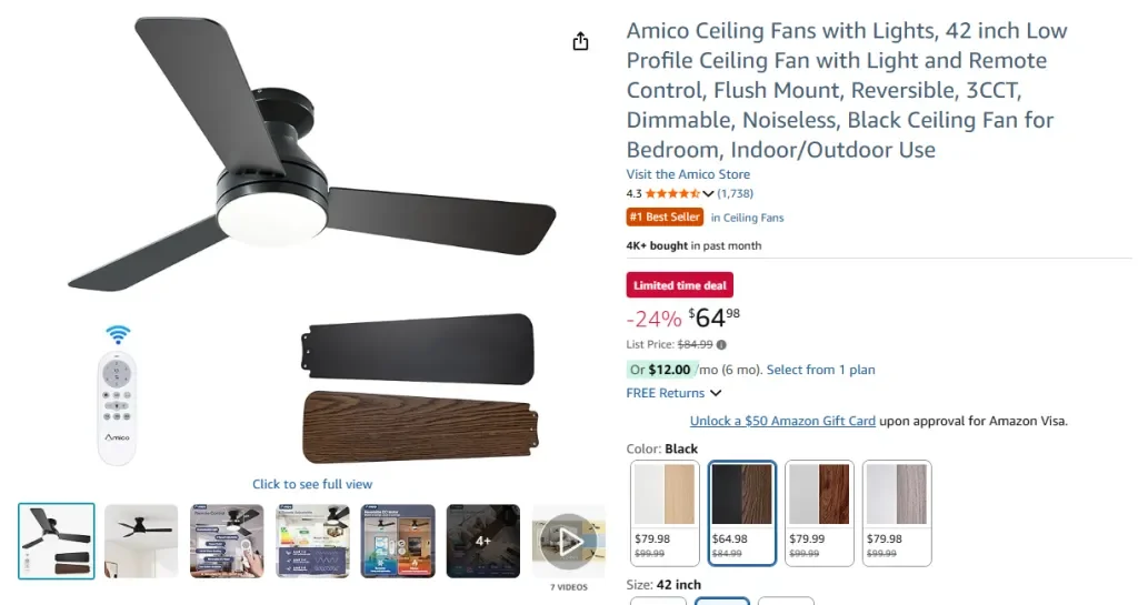 Потолочные вентиляторы Amico с подсветкой, 42 дюйма, низкий профиль