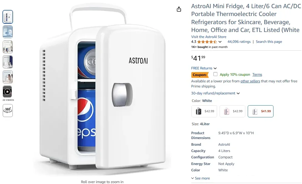 Mini-réfrigérateur AstroAI, 4 litres, 6 canettes ACDC portable