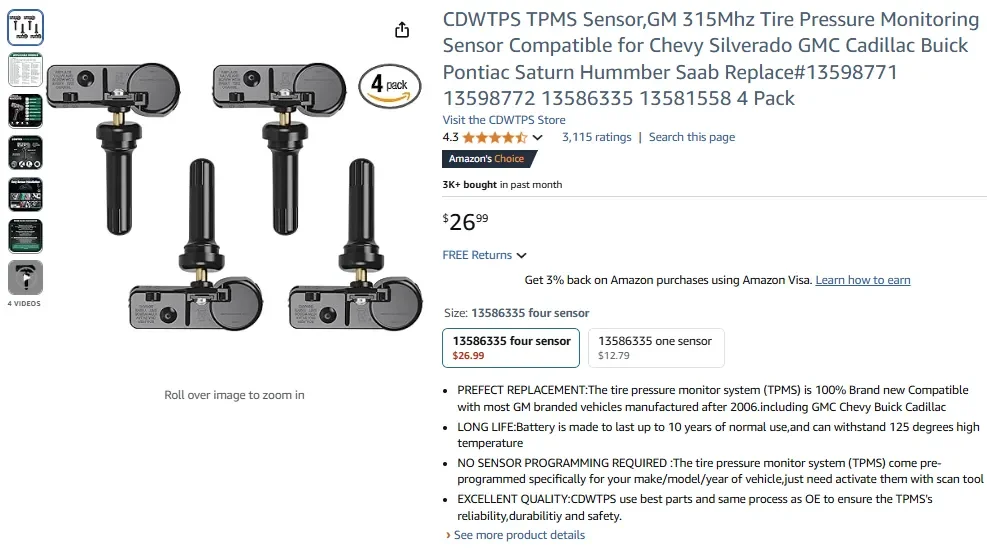 CDWTPS TPMS Sensor, GM 315MHz Tire Pressure Monitor