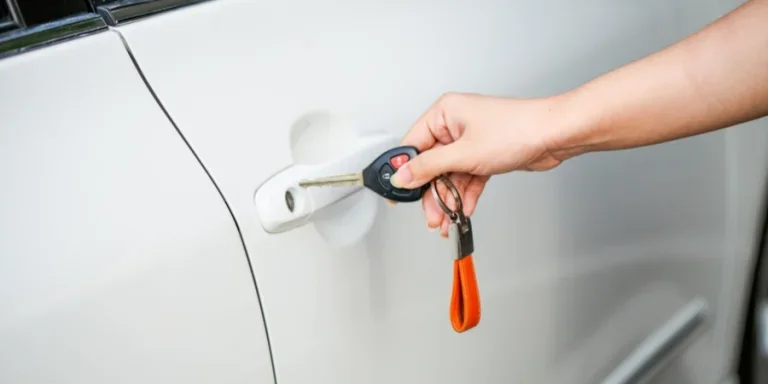 Gros plan d'une main déverrouillant une portière de voiture blanche avec une clé en métal et un porte-clés