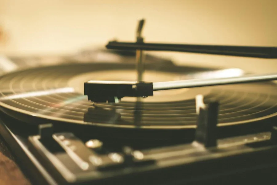 Close up of a record on a turntable