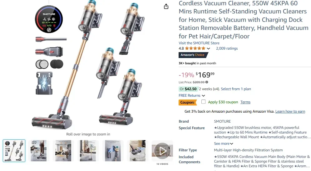 Aspirateur sans fil, 550 W, 45 kPa, autonomie de 60 minutes