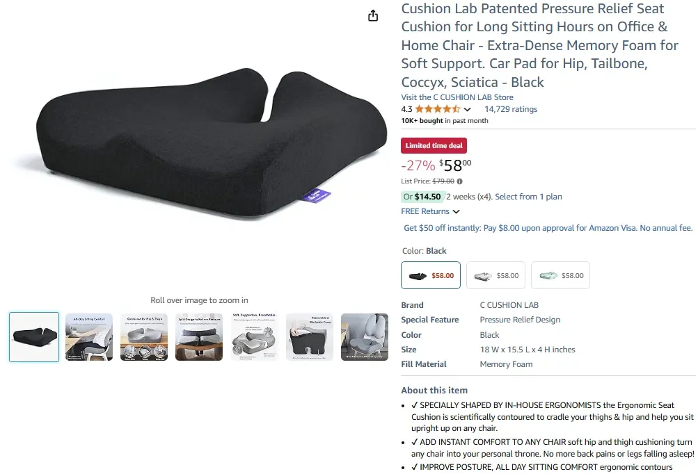 Coussin de siège breveté à soulagement de la pression Cushion Lab