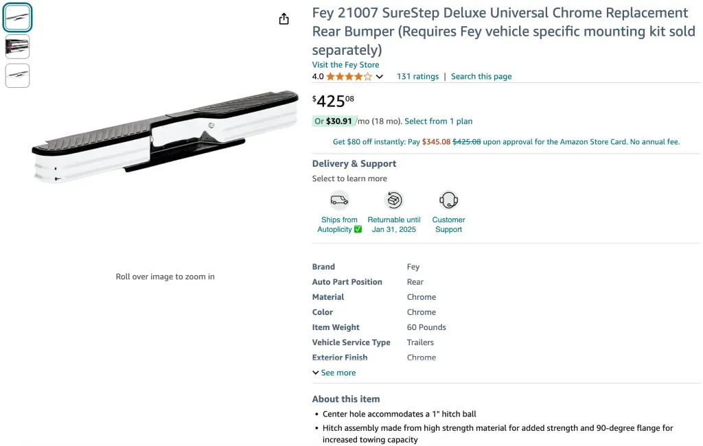 Fey 21007 シュアステップ デラックス ユニバーサル クロームバンパー